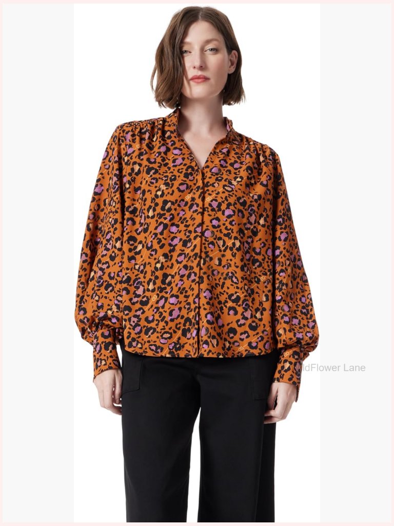 Long Sleeve Button Front Blouse With Mandarin Collar